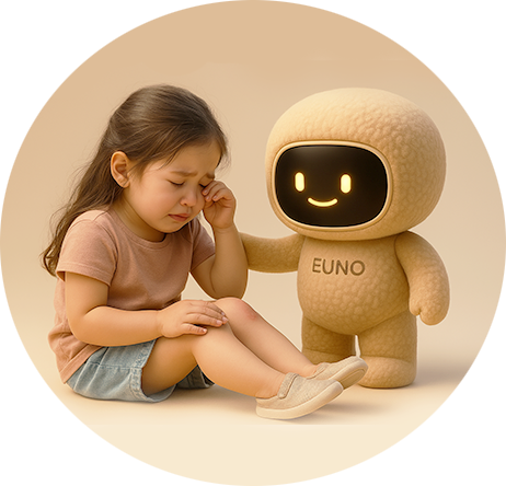 Photo d'un enfant qui pleure et d'un robot Euno qui le conseille.