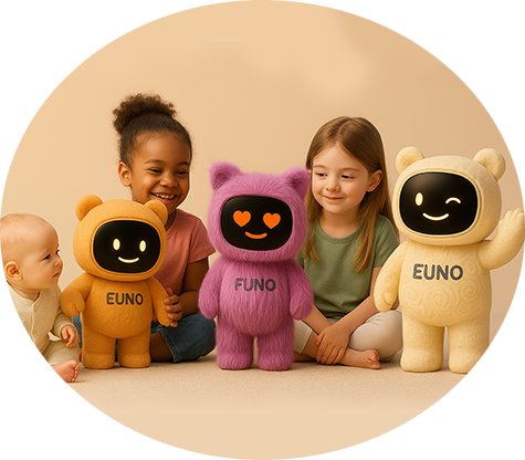 Photo de plusieurs robots Euno accompagnés de plusieurs enfants
